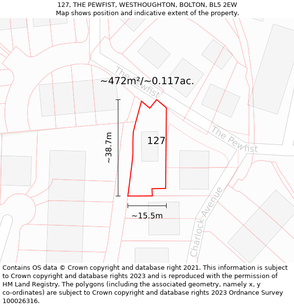 127, THE PEWFIST, WESTHOUGHTON, BOLTON, BL5 2EW: Plot and title map