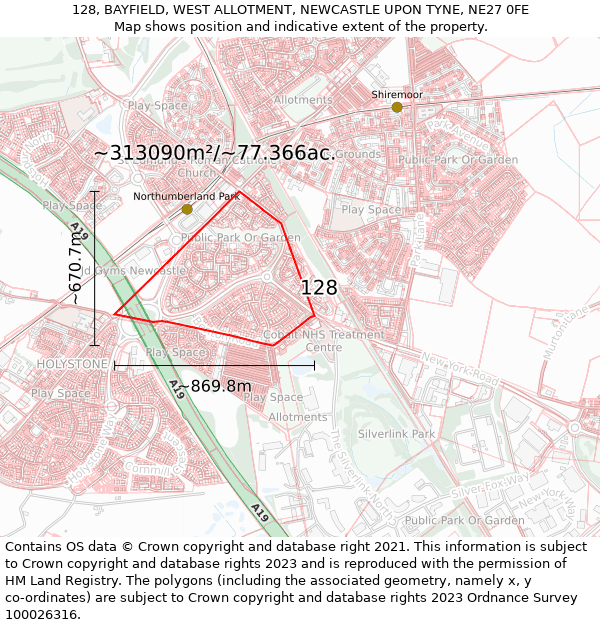 128, BAYFIELD, WEST ALLOTMENT, NEWCASTLE UPON TYNE, NE27 0FE: Plot and title map