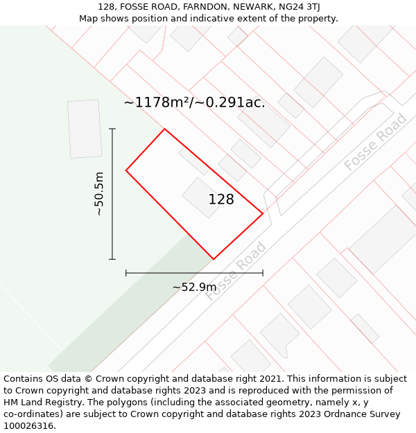 128, FOSSE ROAD, FARNDON, NEWARK, NG24 3TJ: Plot and title map