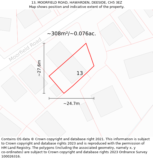 13, MOORFIELD ROAD, HAWARDEN, DEESIDE, CH5 3EZ: Plot and title map