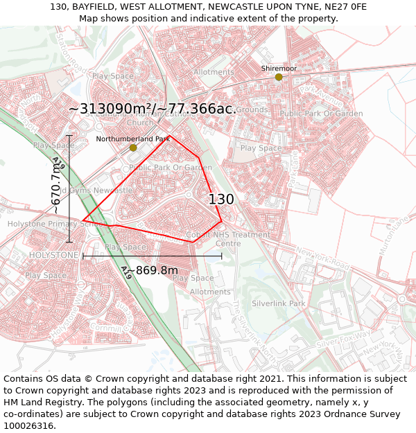 130, BAYFIELD, WEST ALLOTMENT, NEWCASTLE UPON TYNE, NE27 0FE: Plot and title map