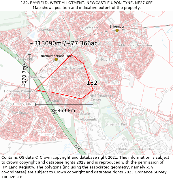 132, BAYFIELD, WEST ALLOTMENT, NEWCASTLE UPON TYNE, NE27 0FE: Plot and title map