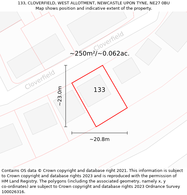133, CLOVERFIELD, WEST ALLOTMENT, NEWCASTLE UPON TYNE, NE27 0BU: Plot and title map