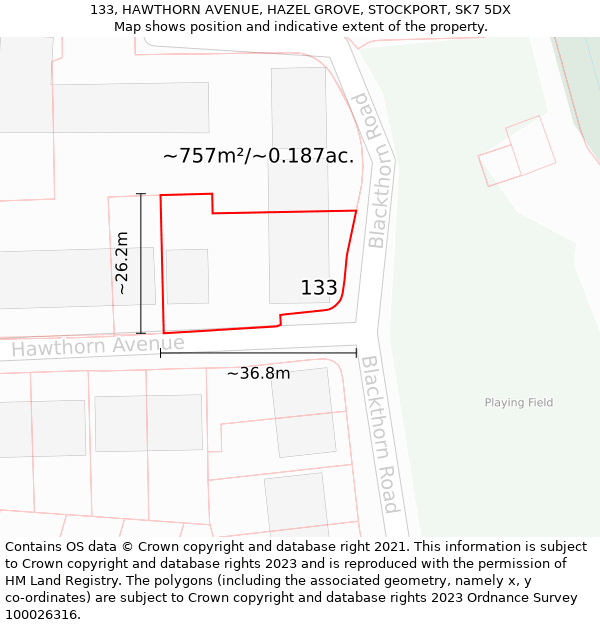 133, HAWTHORN AVENUE, HAZEL GROVE, STOCKPORT, SK7 5DX: Plot and title map