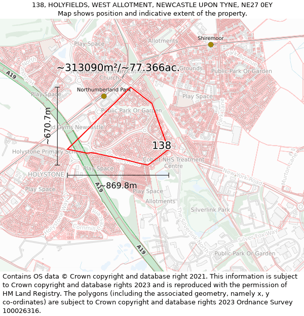 138, HOLYFIELDS, WEST ALLOTMENT, NEWCASTLE UPON TYNE, NE27 0EY: Plot and title map
