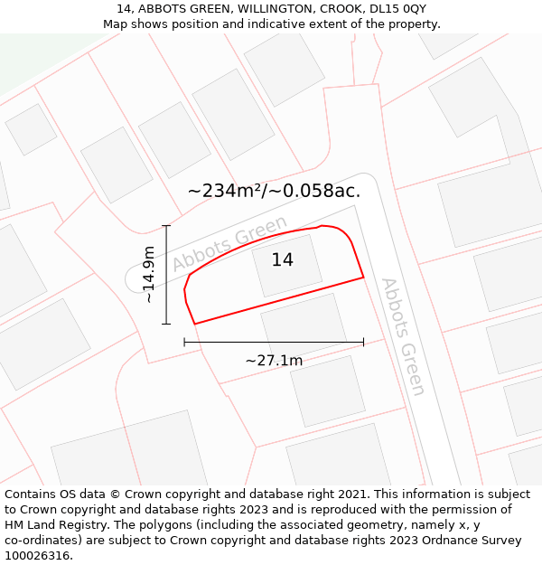 14, ABBOTS GREEN, WILLINGTON, CROOK, DL15 0QY: Plot and title map