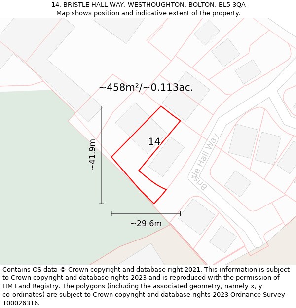 14, BRISTLE HALL WAY, WESTHOUGHTON, BOLTON, BL5 3QA: Plot and title map