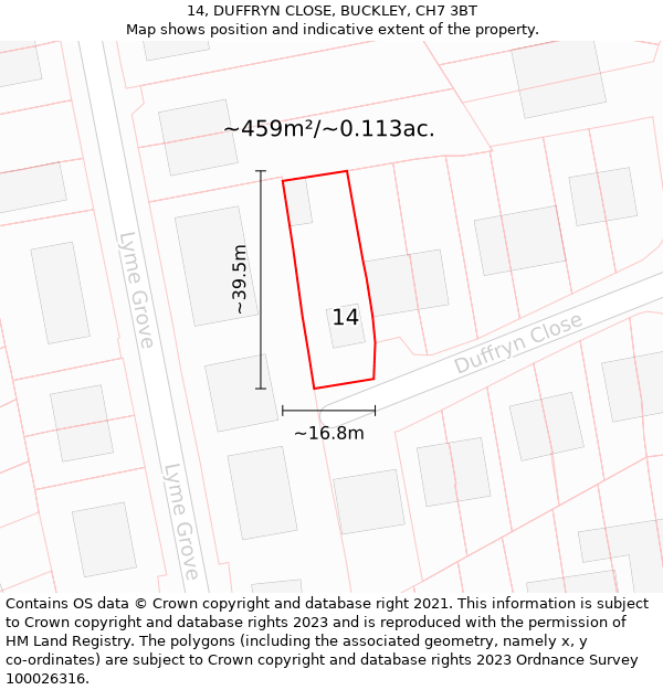 14, DUFFRYN CLOSE, BUCKLEY, CH7 3BT: Plot and title map