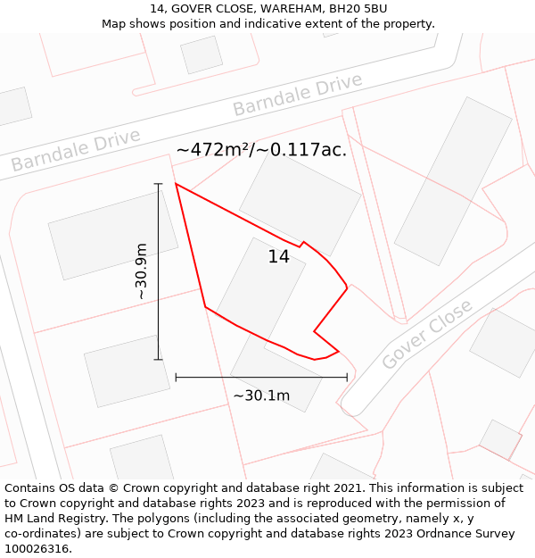 14, GOVER CLOSE, WAREHAM, BH20 5BU: Plot and title map