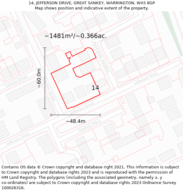 14, JEFFERSON DRIVE, GREAT SANKEY, WARRINGTON, WA5 8GP: Plot and title map