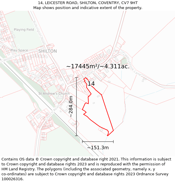 14, LEICESTER ROAD, SHILTON, COVENTRY, CV7 9HT: Plot and title map