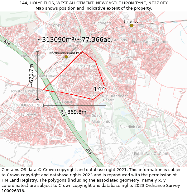 144, HOLYFIELDS, WEST ALLOTMENT, NEWCASTLE UPON TYNE, NE27 0EY: Plot and title map