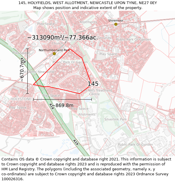 145, HOLYFIELDS, WEST ALLOTMENT, NEWCASTLE UPON TYNE, NE27 0EY: Plot and title map