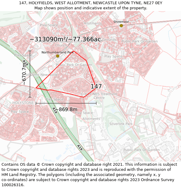 147, HOLYFIELDS, WEST ALLOTMENT, NEWCASTLE UPON TYNE, NE27 0EY: Plot and title map