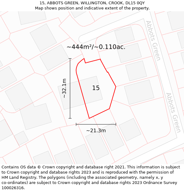15, ABBOTS GREEN, WILLINGTON, CROOK, DL15 0QY: Plot and title map