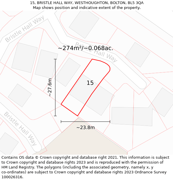 15, BRISTLE HALL WAY, WESTHOUGHTON, BOLTON, BL5 3QA: Plot and title map