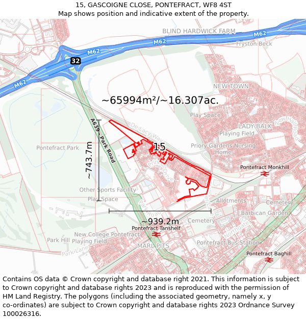 15, GASCOIGNE CLOSE, PONTEFRACT, WF8 4ST: Plot and title map