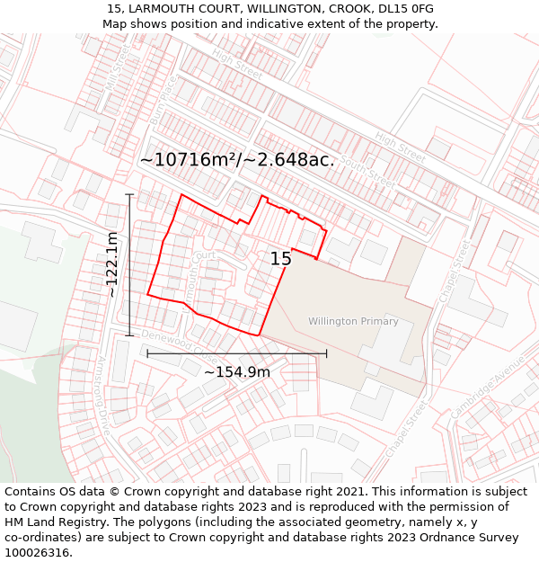 15, LARMOUTH COURT, WILLINGTON, CROOK, DL15 0FG: Plot and title map