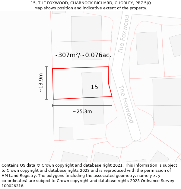 15, THE FOXWOOD, CHARNOCK RICHARD, CHORLEY, PR7 5JQ: Plot and title map