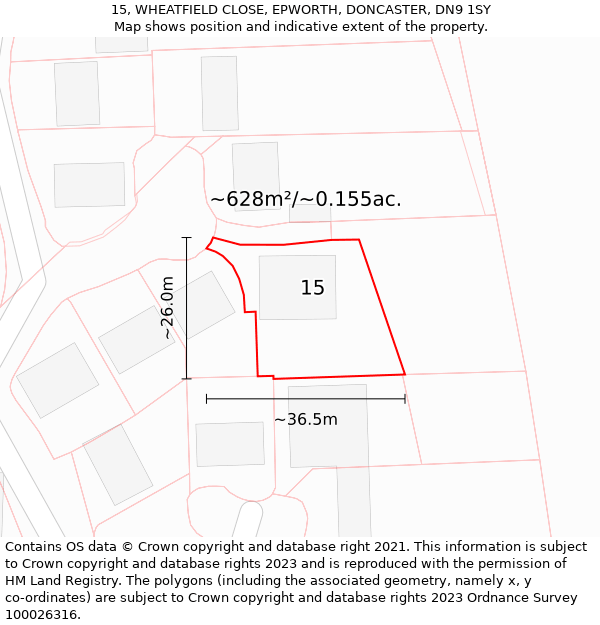 15, WHEATFIELD CLOSE, EPWORTH, DONCASTER, DN9 1SY: Plot and title map
