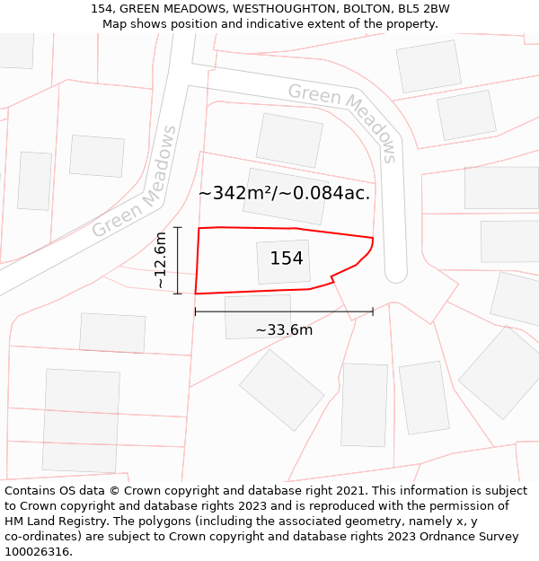 154, GREEN MEADOWS, WESTHOUGHTON, BOLTON, BL5 2BW: Plot and title map