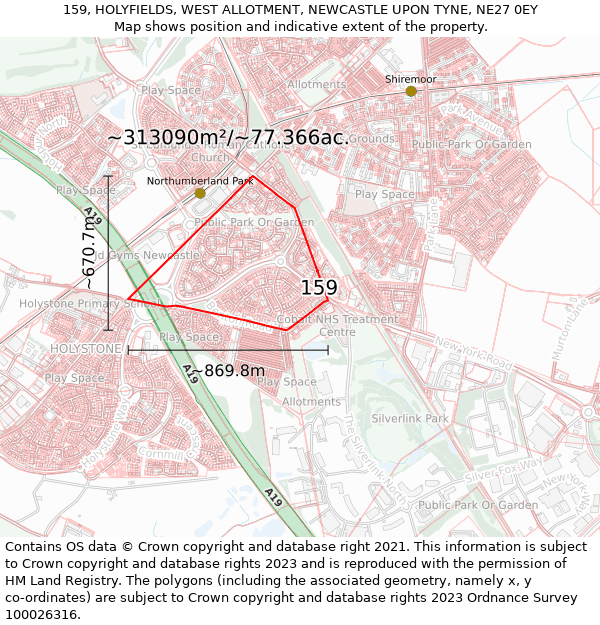159, HOLYFIELDS, WEST ALLOTMENT, NEWCASTLE UPON TYNE, NE27 0EY: Plot and title map