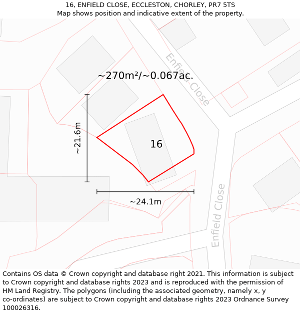 16, ENFIELD CLOSE, ECCLESTON, CHORLEY, PR7 5TS: Plot and title map