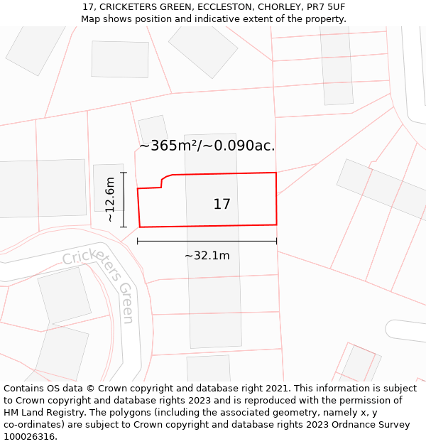 17, CRICKETERS GREEN, ECCLESTON, CHORLEY, PR7 5UF: Plot and title map