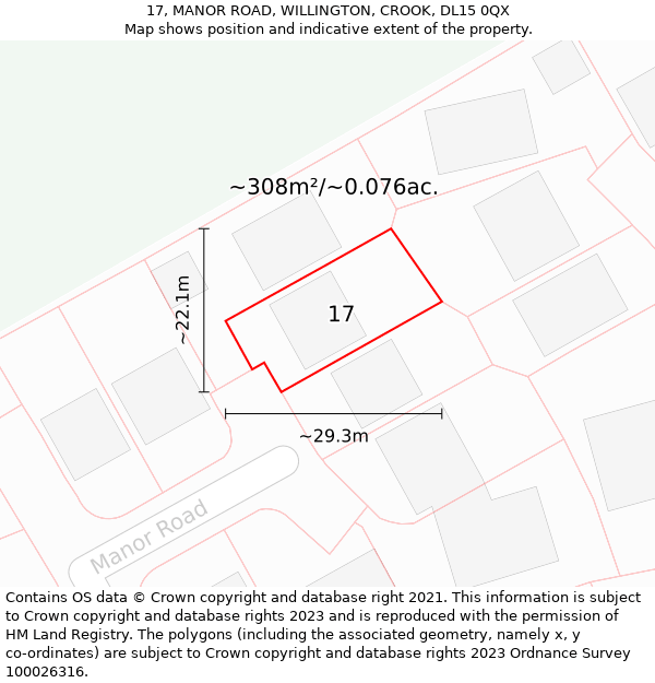 17, MANOR ROAD, WILLINGTON, CROOK, DL15 0QX: Plot and title map