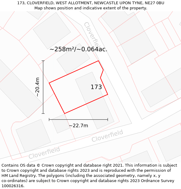 173, CLOVERFIELD, WEST ALLOTMENT, NEWCASTLE UPON TYNE, NE27 0BU: Plot and title map