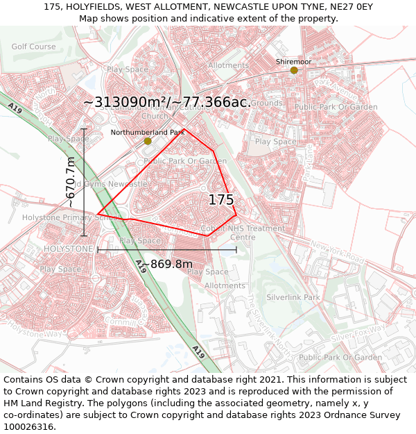 175, HOLYFIELDS, WEST ALLOTMENT, NEWCASTLE UPON TYNE, NE27 0EY: Plot and title map
