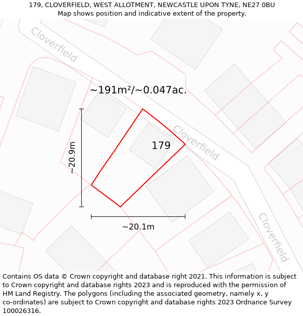 179, CLOVERFIELD, WEST ALLOTMENT, NEWCASTLE UPON TYNE, NE27 0BU: Plot and title map