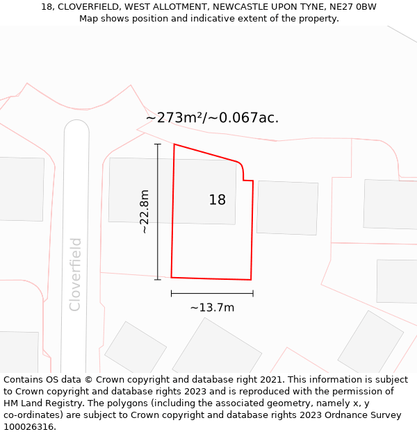 18, CLOVERFIELD, WEST ALLOTMENT, NEWCASTLE UPON TYNE, NE27 0BW: Plot and title map