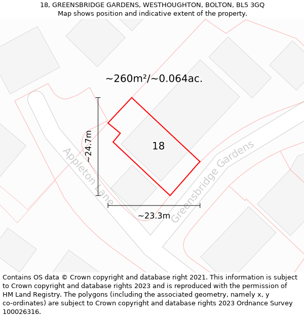 18, GREENSBRIDGE GARDENS, WESTHOUGHTON, BOLTON, BL5 3GQ: Plot and title map