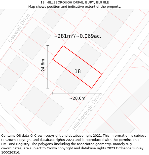 18, HILLSBOROUGH DRIVE, BURY, BL9 8LE: Plot and title map