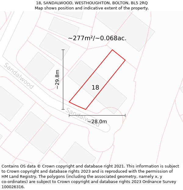 18, SANDALWOOD, WESTHOUGHTON, BOLTON, BL5 2RQ: Plot and title map