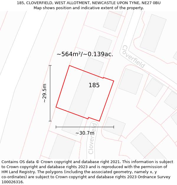 185, CLOVERFIELD, WEST ALLOTMENT, NEWCASTLE UPON TYNE, NE27 0BU: Plot and title map