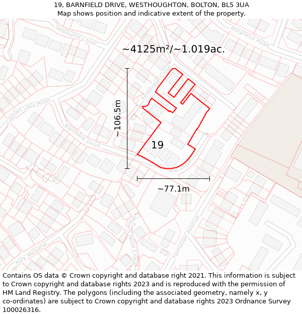 19, BARNFIELD DRIVE, WESTHOUGHTON, BOLTON, BL5 3UA: Plot and title map