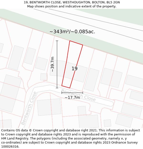 19, BENTWORTH CLOSE, WESTHOUGHTON, BOLTON, BL5 2GN: Plot and title map