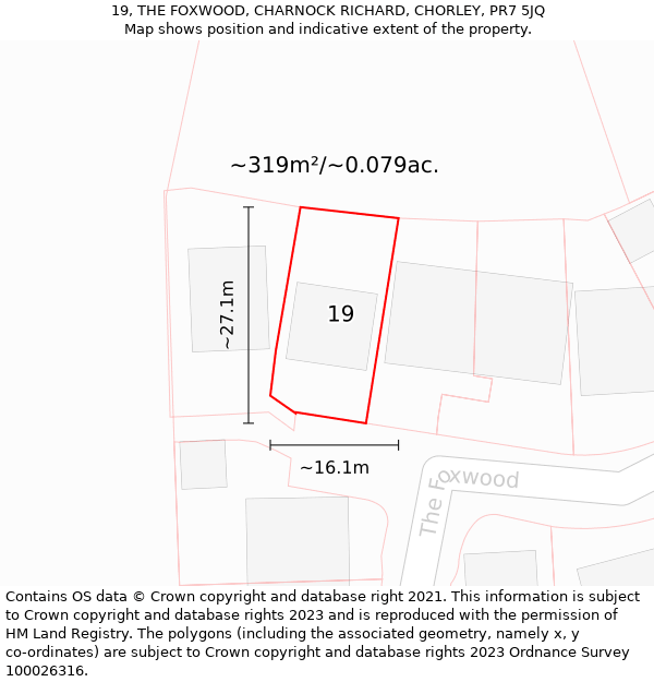 19, THE FOXWOOD, CHARNOCK RICHARD, CHORLEY, PR7 5JQ: Plot and title map