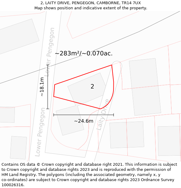 2, LAITY DRIVE, PENGEGON, CAMBORNE, TR14 7UX: Plot and title map