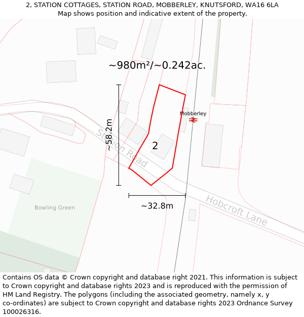2, STATION COTTAGES, STATION ROAD, MOBBERLEY, KNUTSFORD, WA16 6LA: Plot and title map