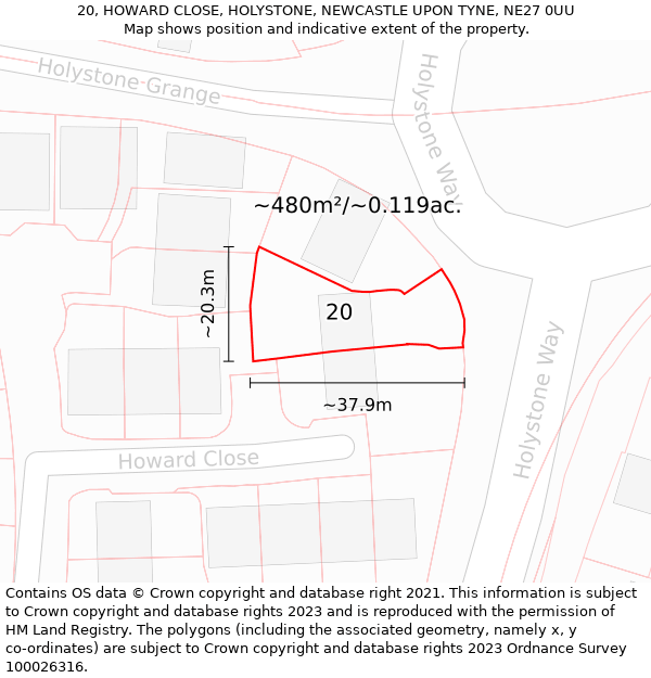 20, HOWARD CLOSE, HOLYSTONE, NEWCASTLE UPON TYNE, NE27 0UU: Plot and title map