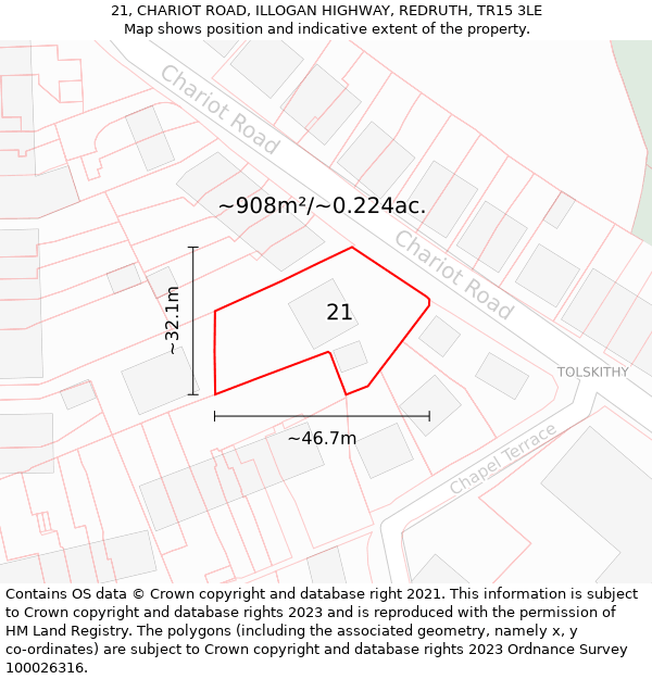 21, CHARIOT ROAD, ILLOGAN HIGHWAY, REDRUTH, TR15 3LE: Plot and title map