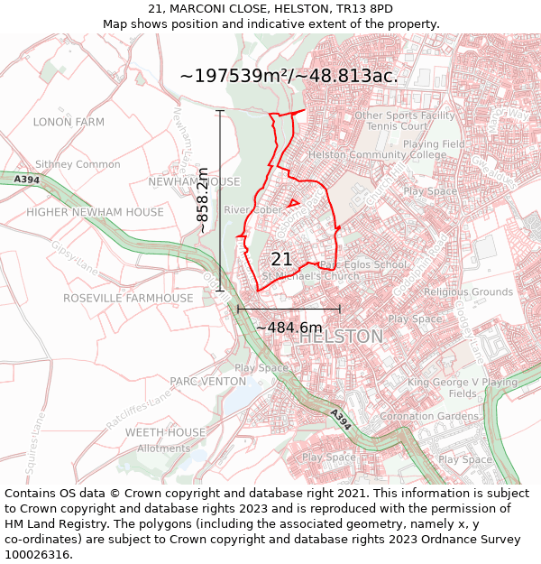 21, MARCONI CLOSE, HELSTON, TR13 8PD: Plot and title map