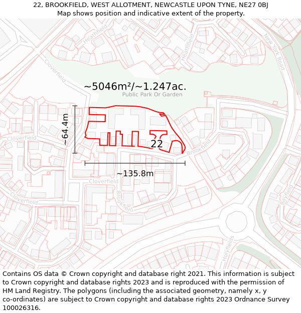 22, BROOKFIELD, WEST ALLOTMENT, NEWCASTLE UPON TYNE, NE27 0BJ: Plot and title map