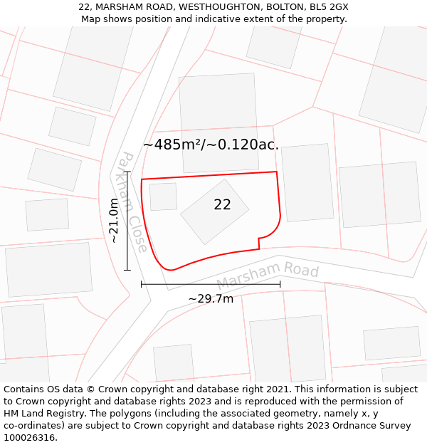 22, MARSHAM ROAD, WESTHOUGHTON, BOLTON, BL5 2GX: Plot and title map