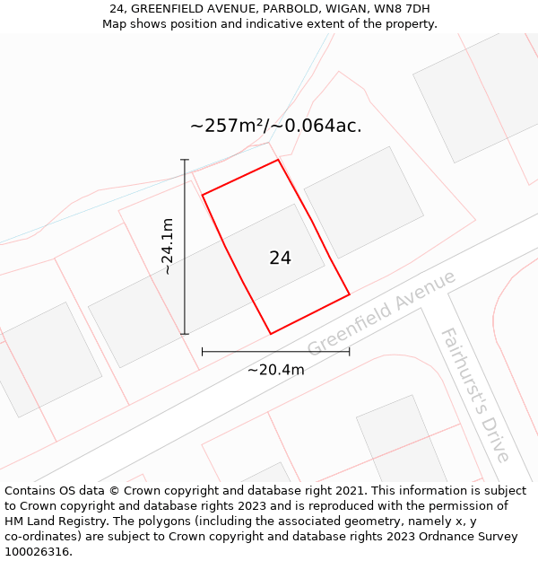 24, GREENFIELD AVENUE, PARBOLD, WIGAN, WN8 7DH: Plot and title map