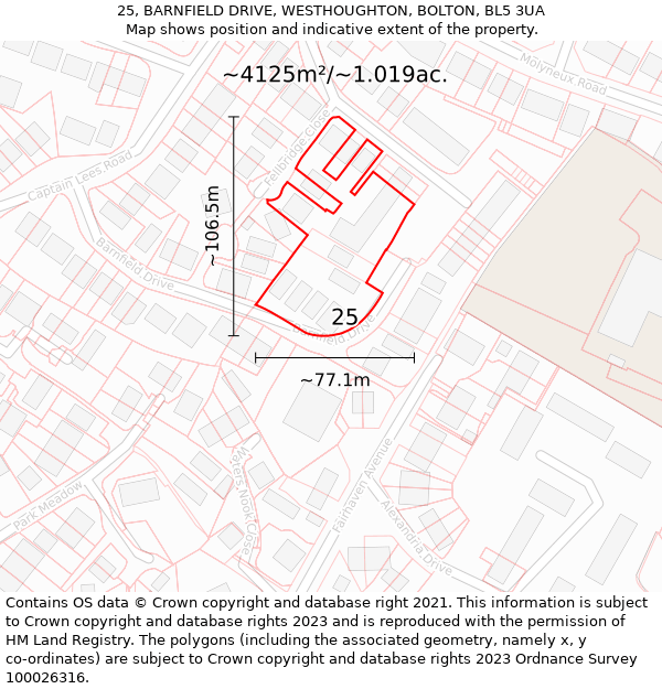 25, BARNFIELD DRIVE, WESTHOUGHTON, BOLTON, BL5 3UA: Plot and title map