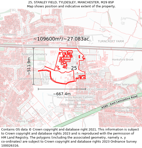 25, STANLEY FIELD, TYLDESLEY, MANCHESTER, M29 8SP: Plot and title map